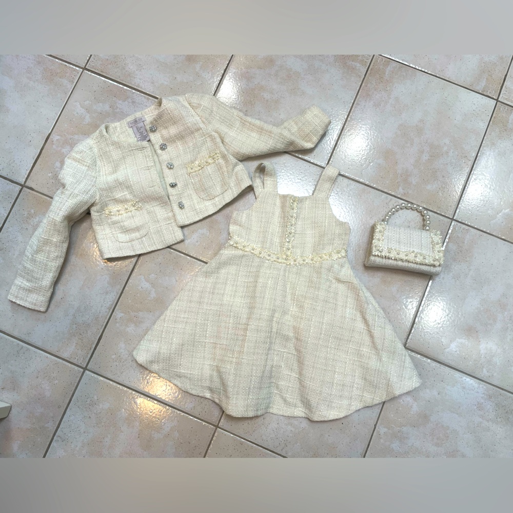Rachel Zoe Ivory Tweed Dress with matching Jacket and Bag with Crystal Buttons